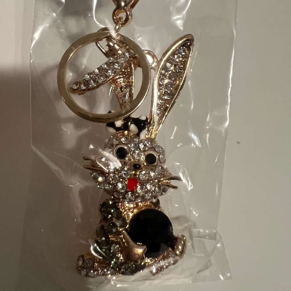 Sparkling Bunny holding Black Stone Keychain with Rhinestones